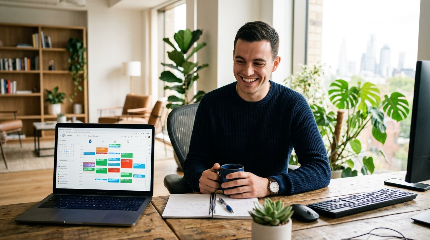 Handoff Perfeito: Da Qualificação com IA para a Reunião com o Closer em Empresas de Equipamentos Hospitalares - SDR e gestor comercial analisando reuniões agendadas no Google Calendar no laptop